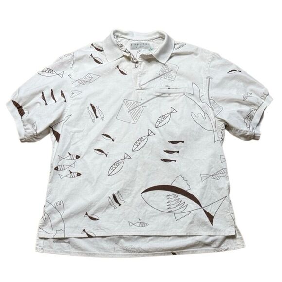 80s Vintage Michael Sharp White Geometric Fish Polo Large - Picture 1 of 7